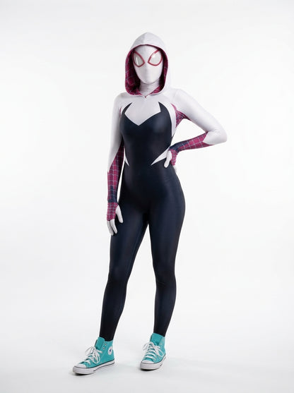 Spider-Gwen Costume for Women - hooded white and black spider suit with mask worn by model, full body hero shot