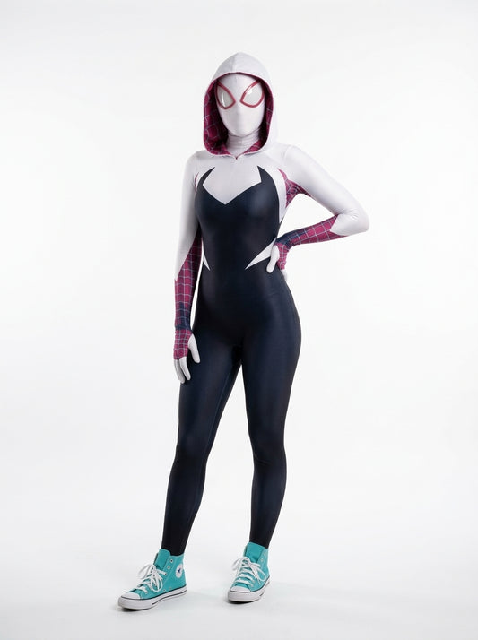 Spider-Gwen Costume for Women - hooded white and black spider suit with mask worn by model, full body hero shot
