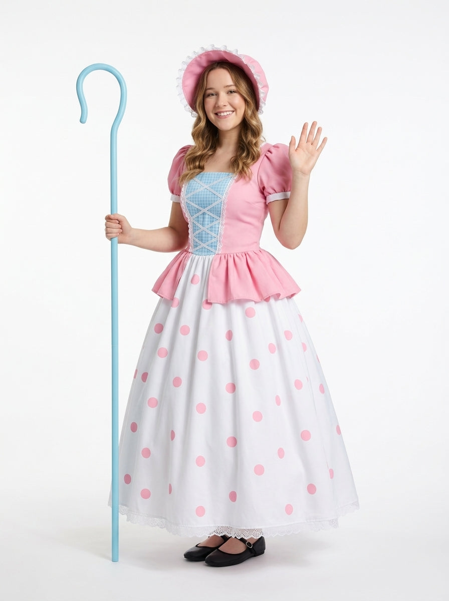 Bo Peep Costume for Adults - pink shepherdess costume worn by model waving, full body hero shot