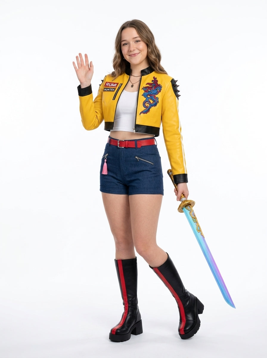 Rumi Costume for Women - KPop Demon Hunters style costume worn by model waving, full body hero shot
