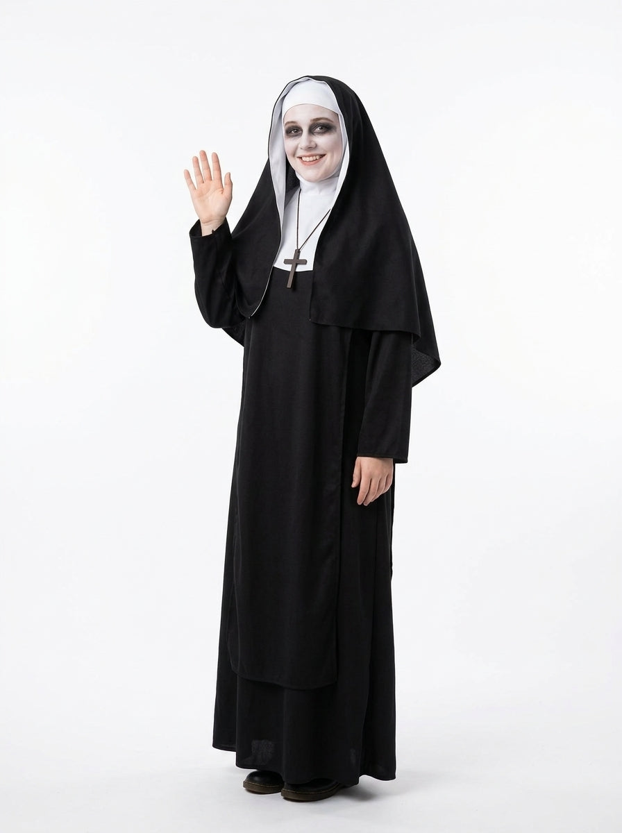 Scary Nun Costume for Women - black habit nun costume worn by model waving, full body hero shot