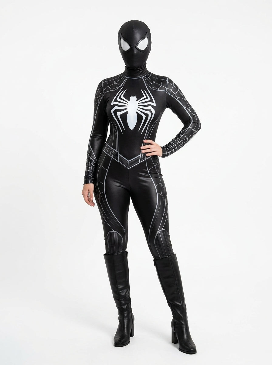 Black Spider-Woman Costume for Women - black symbiote spider suit with mask worn by model, full body hero shot