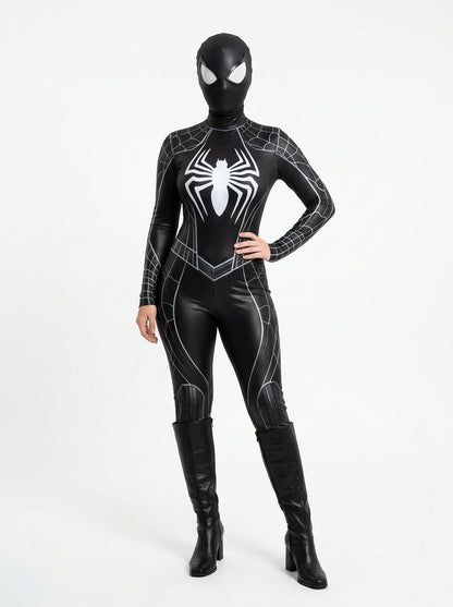 Black Spider-Woman Costume for Women - black symbiote spider suit with mask worn by model, full body hero shot