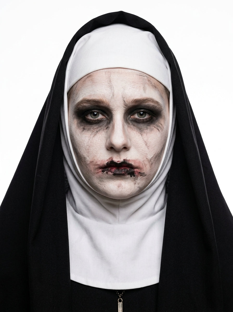 Scary Nun Costume - headpiece and makeup close-up