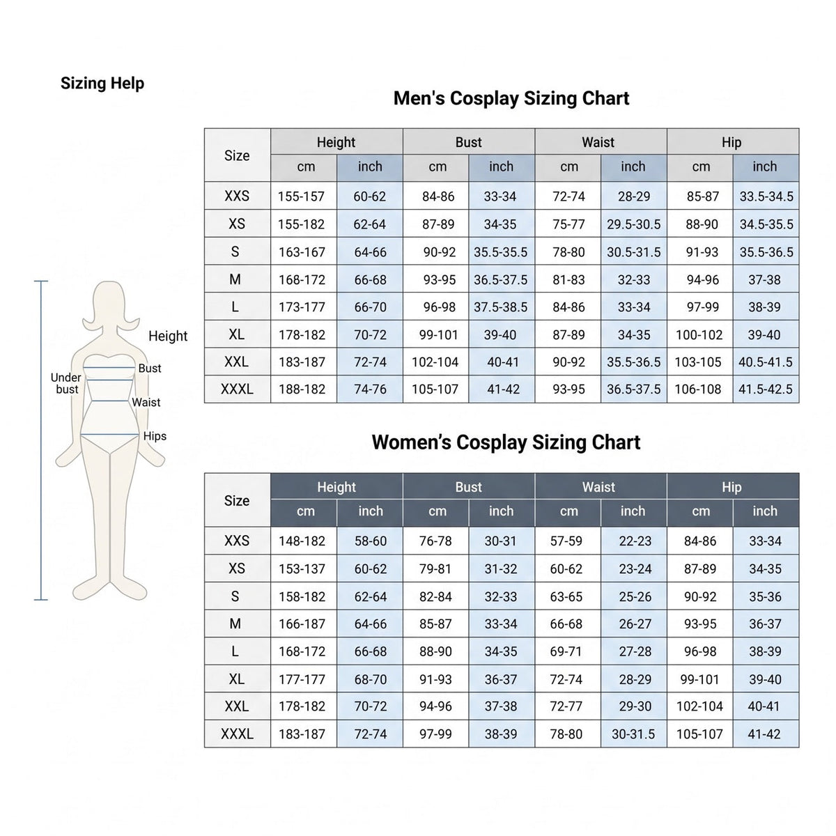 Size chart - adult costume sizes XS to 3XL