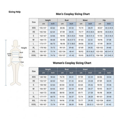 Size chart - adult costume sizes XS to 3XL